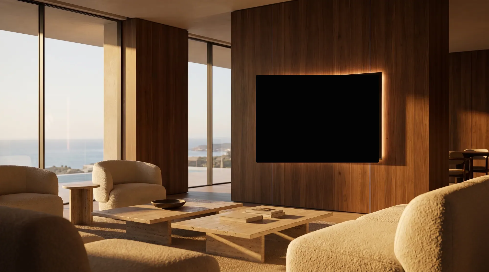 THANGARD on a wall-integrated display in a residence at golden hour